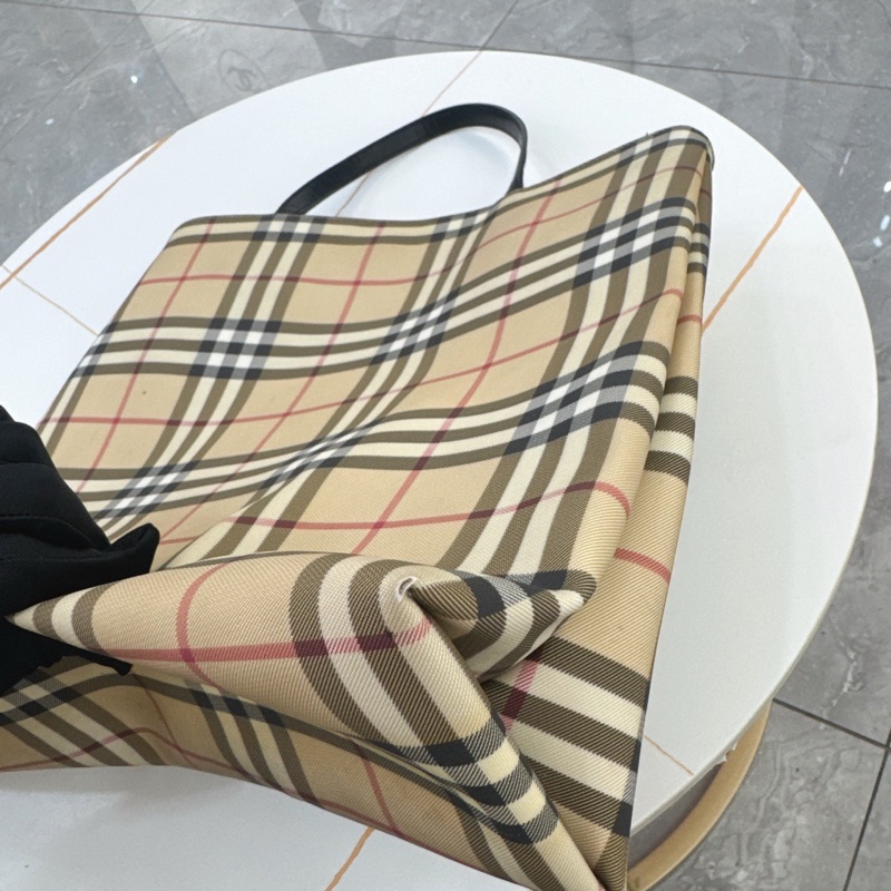 【95新✨全網最低價】Burberry/巴宝莉 Tote 經典格紋 帆布圖層拼皮托特包 文藝氣息拉滿-9