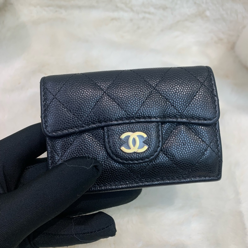 Chanel 香奈兒 荔枝牛皮黑金 短銀包-10