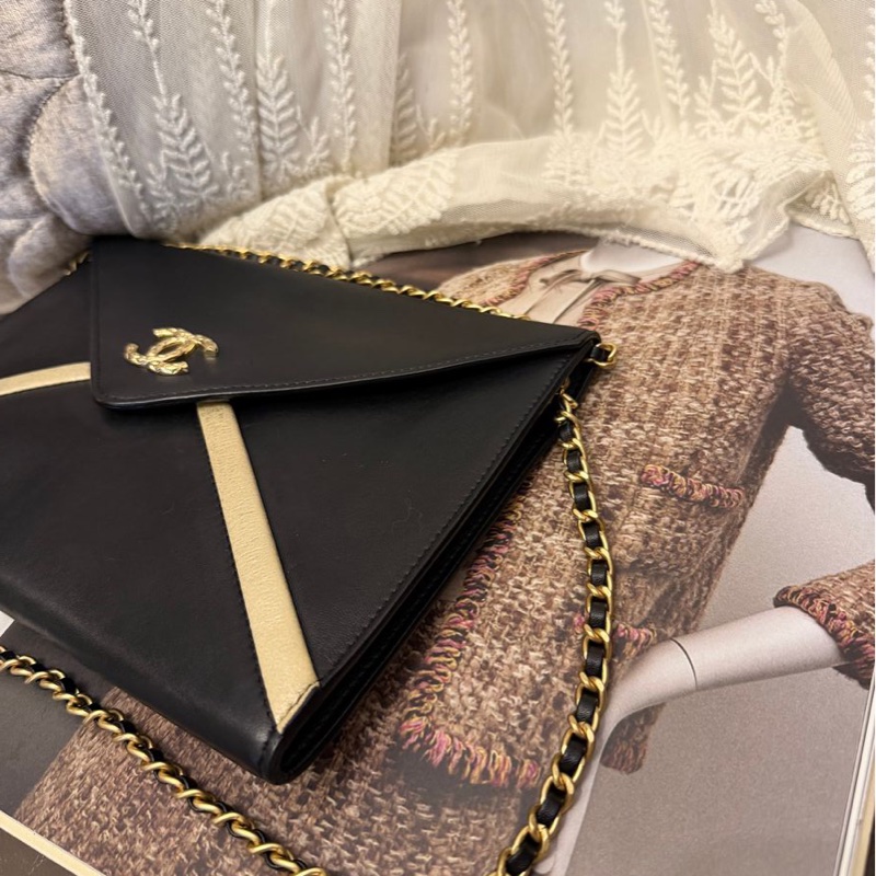 香奈兒 黑色皮革 翻蓋手拿包 信封包 斜背包 chanel clutch bag-20