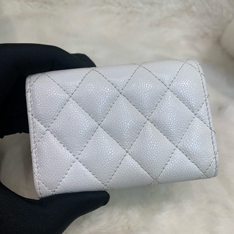 Chanel 香奈兒 白色 金扣三摺荔枝牛皮 短銀包-3