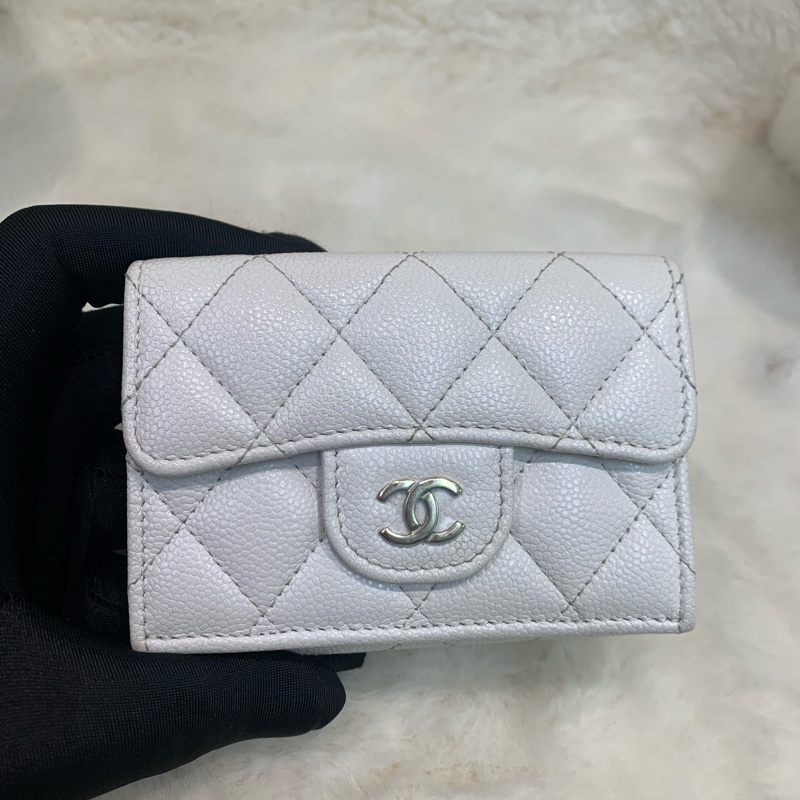 Chanel 香奈兒 白色 金扣三摺荔枝牛皮 短銀包-10