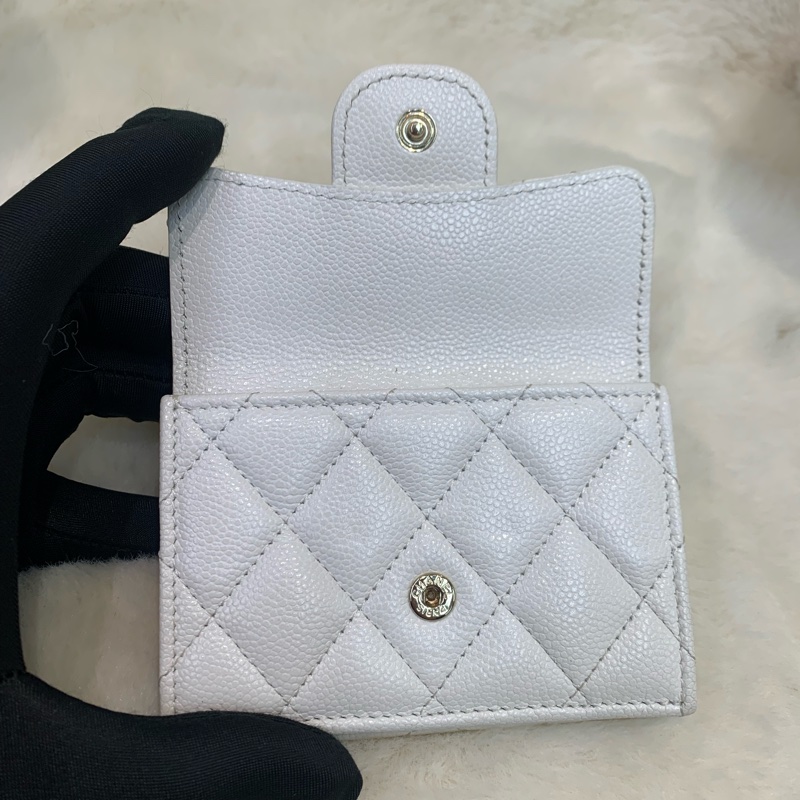 Chanel 香奈兒 白色 金扣三摺荔枝牛皮 短銀包-18