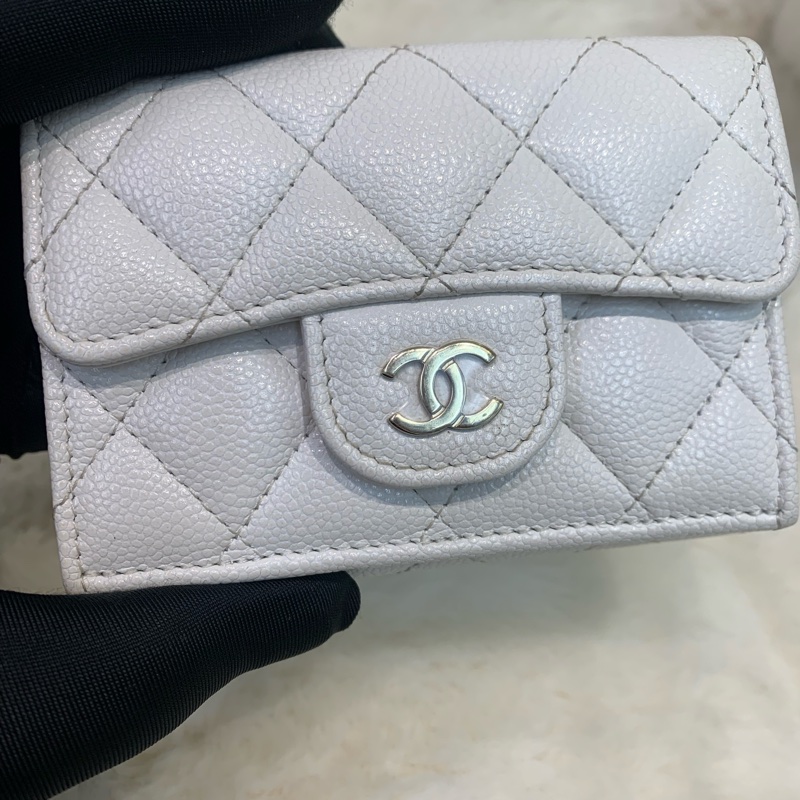 Chanel 香奈兒 白色 金扣三摺荔枝牛皮 短銀包-23