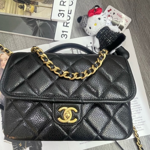 99新閑置品 Chanel 香奈儿黑金荔枝牛皮郵差雙肩包