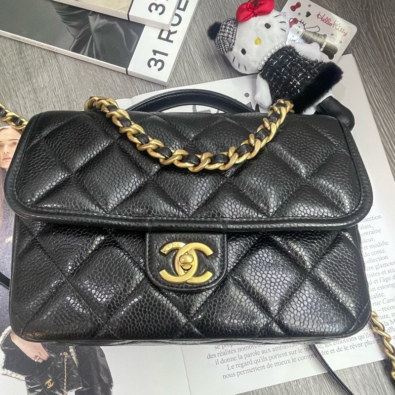 99新閑置品 Chanel 香奈儿黑金荔枝牛皮郵差雙肩包-7