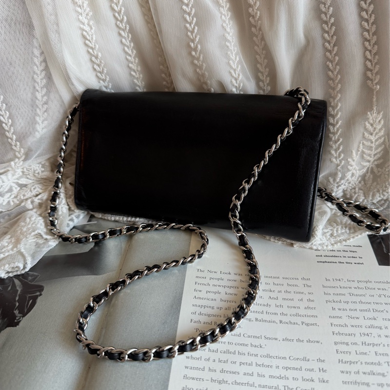 香奈兒 黑色皮革 長夾 錢包 鏈條包 小廢包 chanel WOC手袋側斜孭背長夾單肩包-1