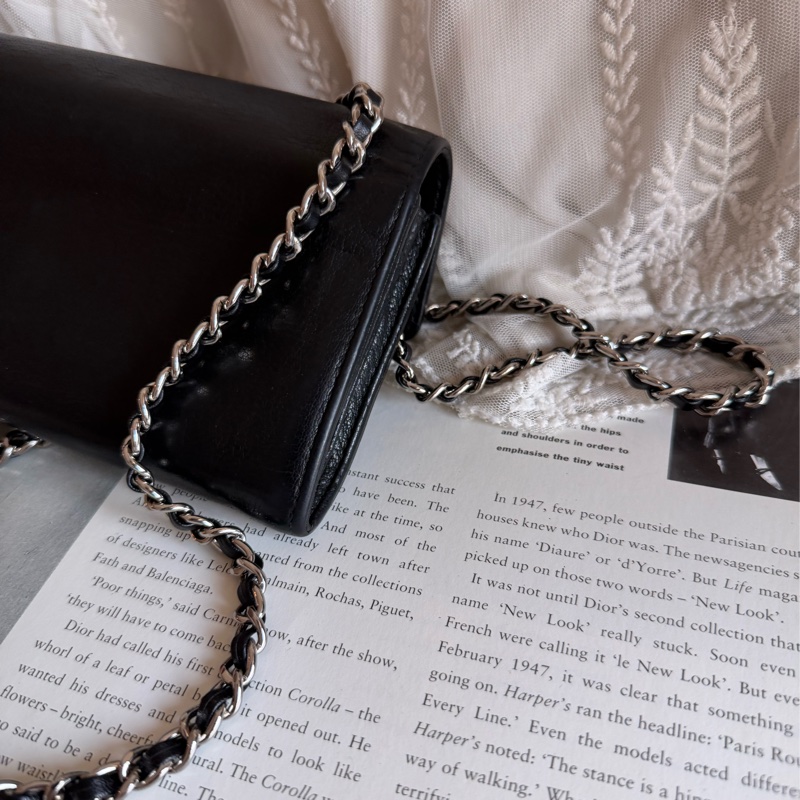 香奈兒 黑色皮革 長夾 錢包 鏈條包 小廢包 chanel WOC手袋側斜孭背長夾單肩包-4