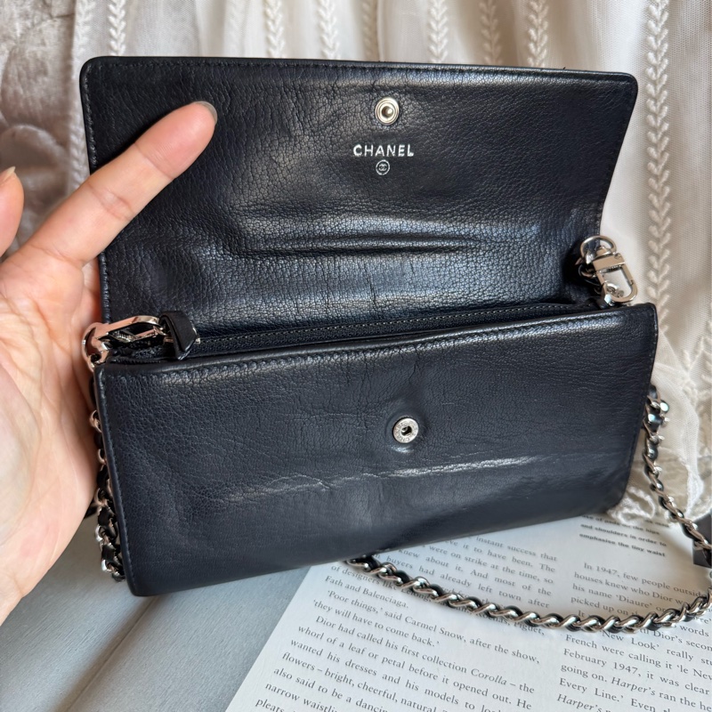 香奈兒 黑色皮革 長夾 錢包 鏈條包 小廢包 chanel WOC手袋側斜孭背長夾單肩包-6