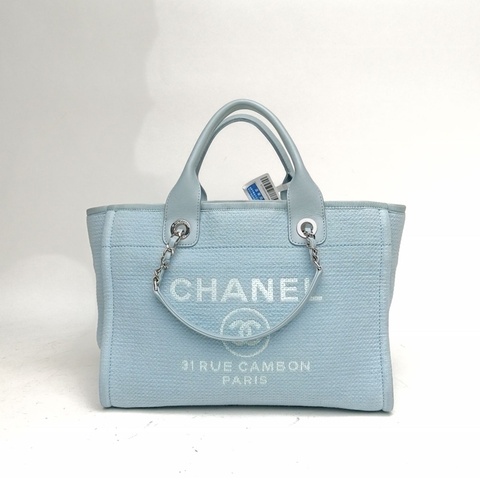 CHANEL 沙灘包帶手柄帆布版中號33cm藍色帆布晶片開銀扣