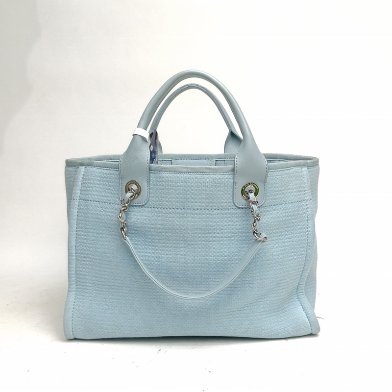 CHANEL 沙灘包帶手柄帆布版中號33cm藍色帆布晶片開銀扣-2