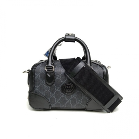 GUCCI 黑色人造革銀扣聯名款飾互扣式雙G波士頓手提斜挎包