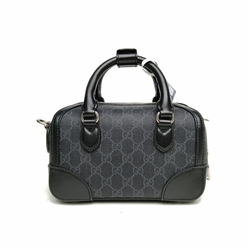 GUCCI 黑色人造革銀扣聯名款飾互扣式雙G波士頓手提斜挎包-2