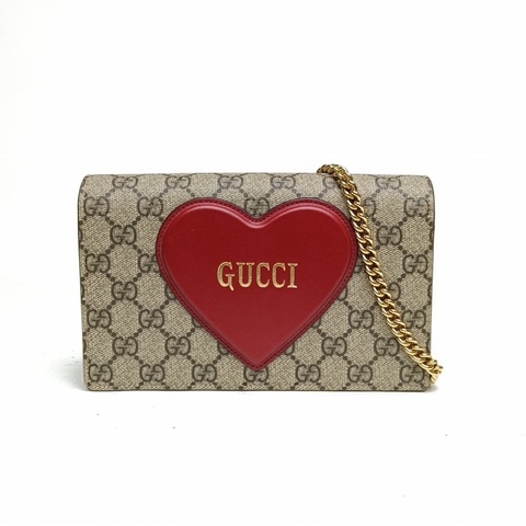 GUCCI 老花PVC金扣情人節限定愛心WOC鏈條包