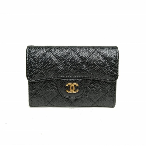 CHANEL CF短款口蓋錢包無後拉鏈m黑色荔枝牛皮27開金扣