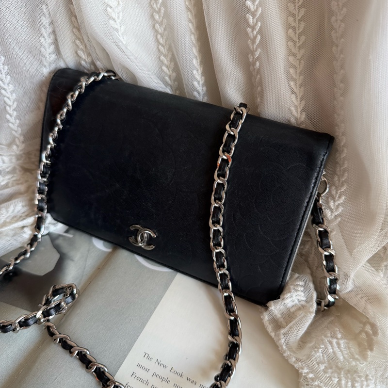 香奈兒 山茶花壓紋長夾 錢包 黑色皮革 chanel WOC手袋側斜孭背長夾單肩包-11