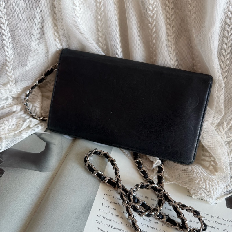 香奈兒 山茶花壓紋長夾 錢包 黑色皮革 chanel WOC手袋側斜孭背長夾單肩包-14