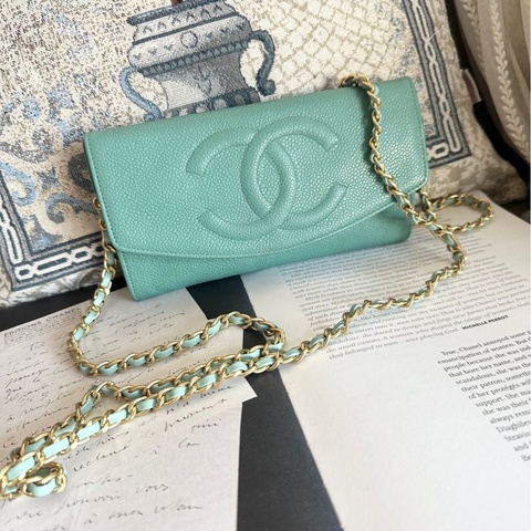 香奈兒 中古魚子醬皮長夾 罕有 蒂芙尼藍/湖水綠 chanel wallet tiffany blue WOC手袋側斜孭背長夾單肩包