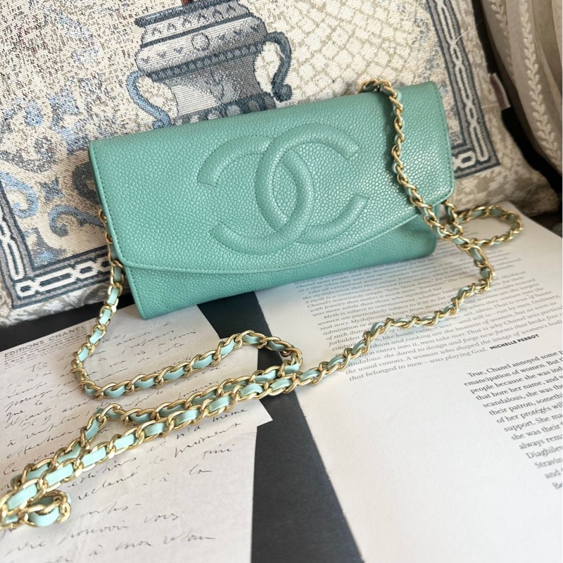 香奈兒 中古魚子醬皮長夾 罕有 蒂芙尼藍/湖水綠 chanel wallet tiffany blue WOC手袋側斜孭背長夾單肩包-0