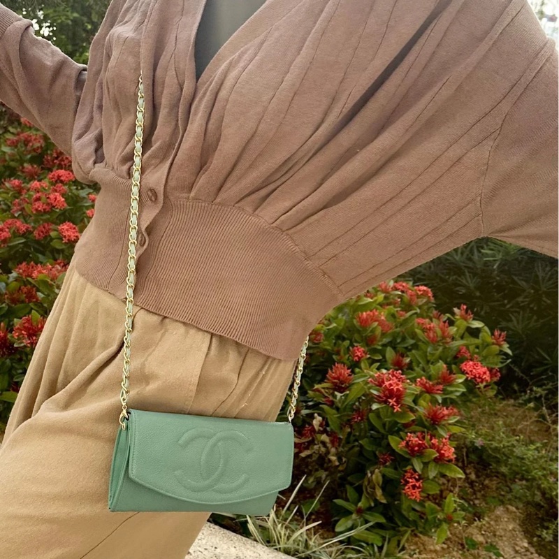 香奈兒 中古魚子醬皮長夾 罕有 蒂芙尼藍/湖水綠 chanel wallet tiffany blue WOC手袋側斜孭背長夾單肩包-1