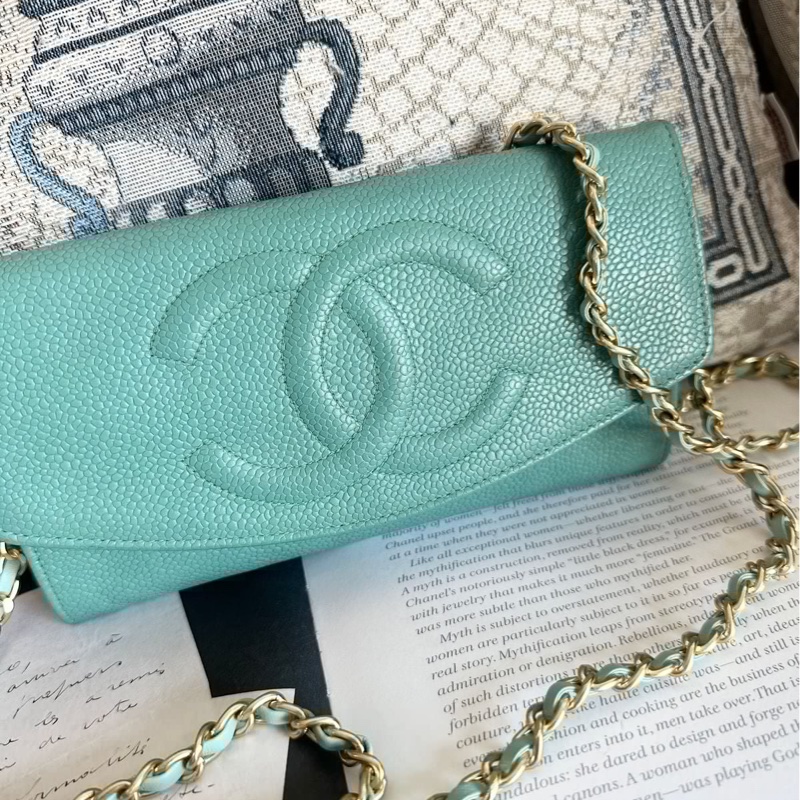 香奈兒 中古魚子醬皮長夾 罕有 蒂芙尼藍/湖水綠 chanel wallet tiffany blue WOC手袋側斜孭背長夾單肩包-2
