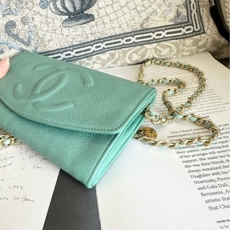香奈兒 中古魚子醬皮長夾 罕有 蒂芙尼藍/湖水綠 chanel wallet tiffany blue WOC手袋側斜孭背長夾單肩包-3