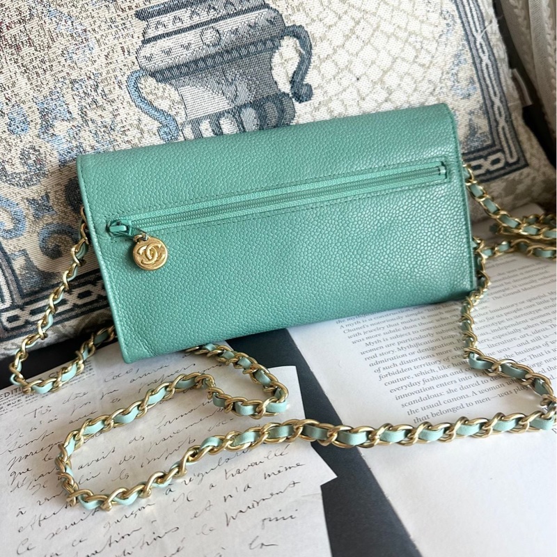 香奈兒 中古魚子醬皮長夾 罕有 蒂芙尼藍/湖水綠 chanel wallet tiffany blue WOC手袋側斜孭背長夾單肩包-4