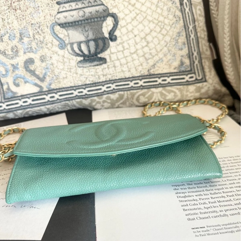 香奈兒 中古魚子醬皮長夾 罕有 蒂芙尼藍/湖水綠 chanel wallet tiffany blue WOC手袋側斜孭背長夾單肩包-5