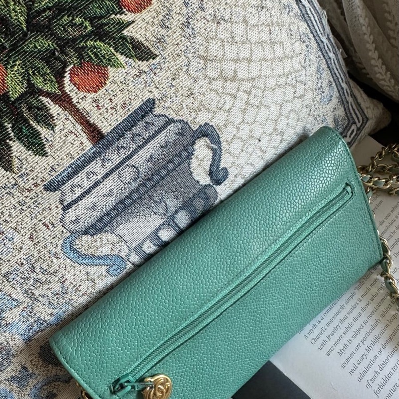 香奈兒 中古魚子醬皮長夾 罕有 蒂芙尼藍/湖水綠 chanel wallet tiffany blue WOC手袋側斜孭背長夾單肩包-6