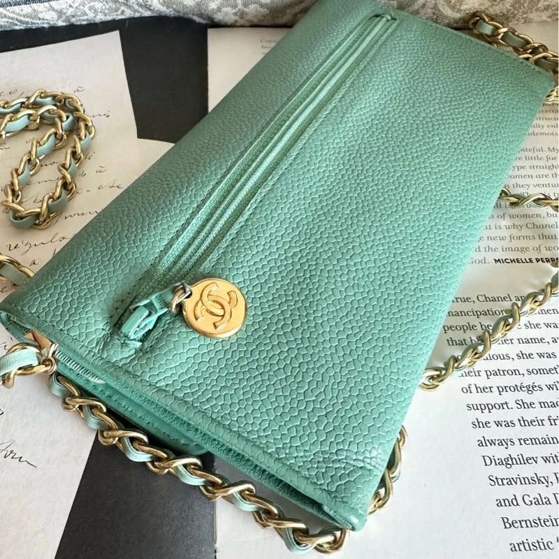 香奈兒 中古魚子醬皮長夾 罕有 蒂芙尼藍/湖水綠 chanel wallet tiffany blue WOC手袋側斜孭背長夾單肩包-8