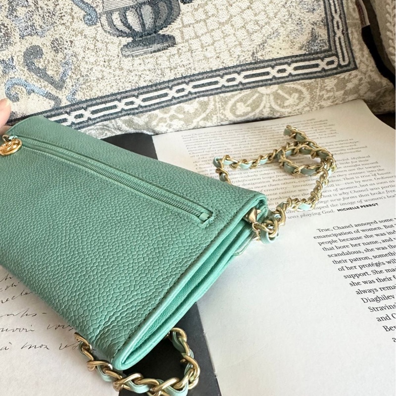 香奈兒 中古魚子醬皮長夾 罕有 蒂芙尼藍/湖水綠 chanel wallet tiffany blue WOC手袋側斜孭背長夾單肩包-9