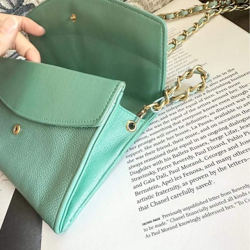 香奈兒 中古魚子醬皮長夾 罕有 蒂芙尼藍/湖水綠 chanel wallet tiffany blue WOC手袋側斜孭背長夾單肩包-10