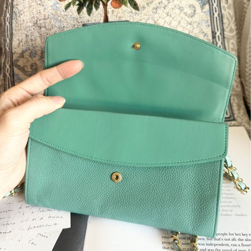 香奈兒 中古魚子醬皮長夾 罕有 蒂芙尼藍/湖水綠 chanel wallet tiffany blue WOC手袋側斜孭背長夾單肩包-11
