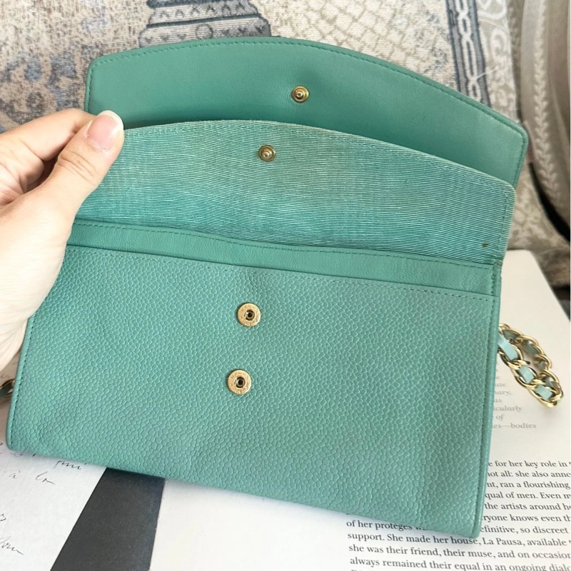 香奈兒 中古魚子醬皮長夾 罕有 蒂芙尼藍/湖水綠 chanel wallet tiffany blue WOC手袋側斜孭背長夾單肩包-13
