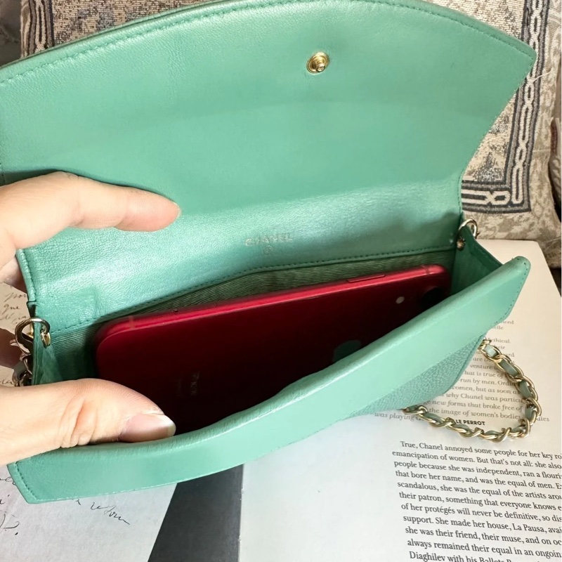 香奈兒 中古魚子醬皮長夾 罕有 蒂芙尼藍/湖水綠 chanel wallet tiffany blue WOC手袋側斜孭背長夾單肩包-15