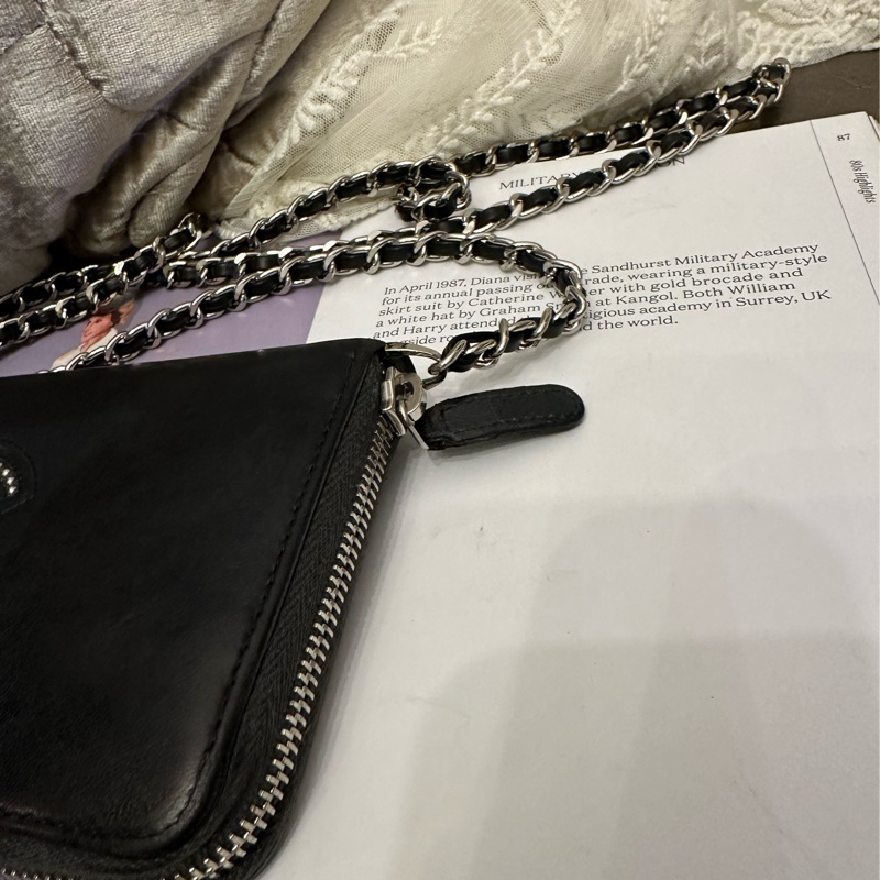香奈兒 黑色皮革 長夾 錢包 鉚釘雙 C 鍊條包 chanel WOC手袋側斜孭背長夾單肩包-10