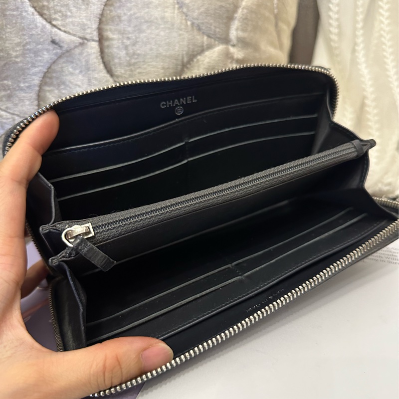 香奈兒 黑色皮革 長夾 錢包 鉚釘雙 C 鍊條包 chanel WOC手袋側斜孭背長夾單肩包-11
