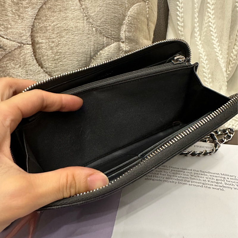 香奈兒 黑色皮革 長夾 錢包 鉚釘雙 C 鍊條包 chanel WOC手袋側斜孭背長夾單肩包-14