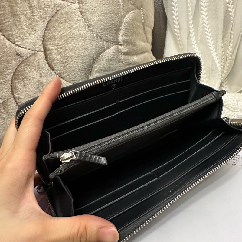 香奈兒 黑色皮革 長夾 錢包 鉚釘雙 C 鍊條包 chanel WOC手袋側斜孭背長夾單肩包-15