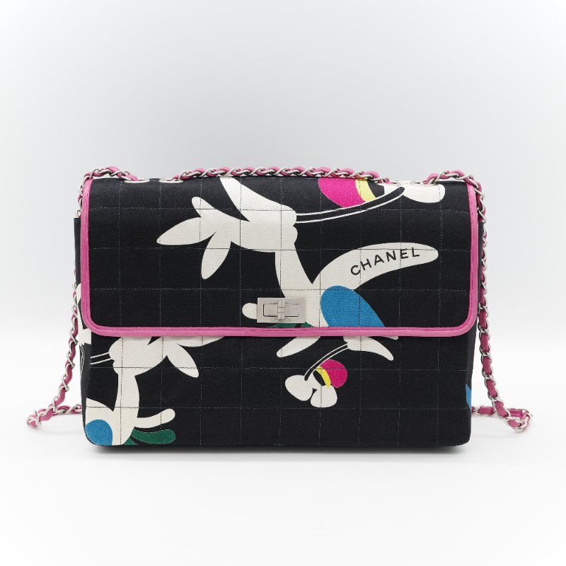 Chanel 香奈兒 織物印花 和平鴿 黑色 拼 桃粉色 鏈條包 口蓋包-1