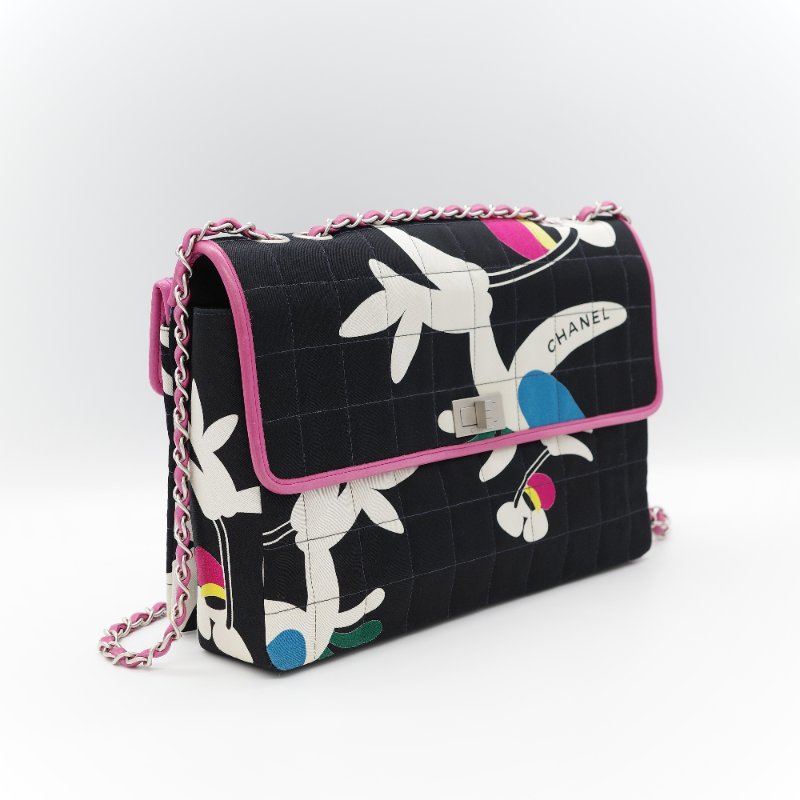 Chanel 香奈兒 織物印花 和平鴿 黑色 拼 桃粉色 鏈條包 口蓋包-2