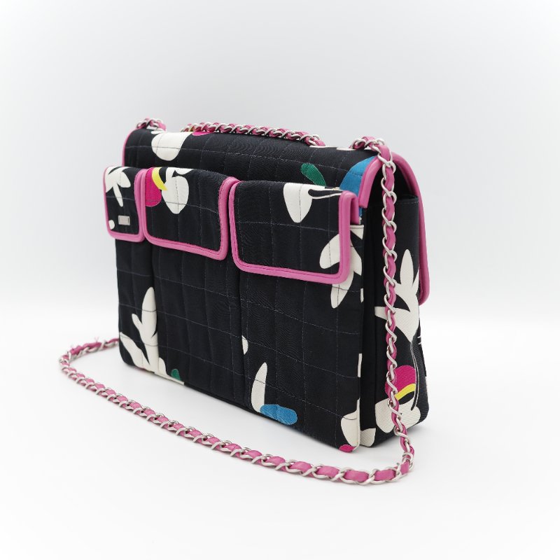 Chanel 香奈兒 織物印花 和平鴿 黑色 拼 桃粉色 鏈條包 口蓋包-3
