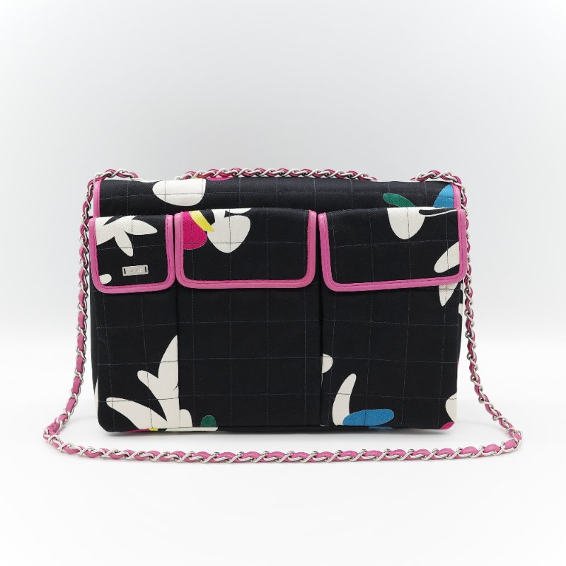 Chanel 香奈兒 織物印花 和平鴿 黑色 拼 桃粉色 鏈條包 口蓋包-4