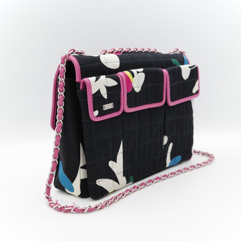 Chanel 香奈兒 織物印花 和平鴿 黑色 拼 桃粉色 鏈條包 口蓋包-5
