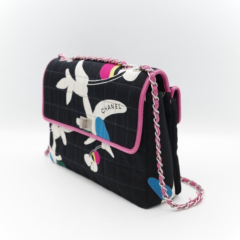 Chanel 香奈兒 織物印花 和平鴿 黑色 拼 桃粉色 鏈條包 口蓋包-6