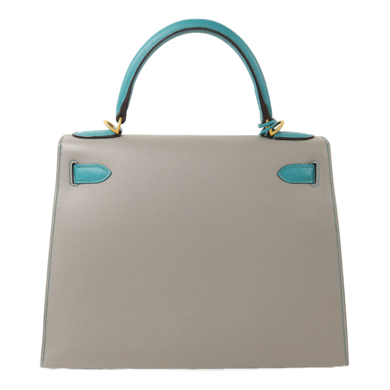 HERMES Epsom皮革Kelly 28金扣手挽肩背兩用袋Gris Mouette/Bleu Paon-1