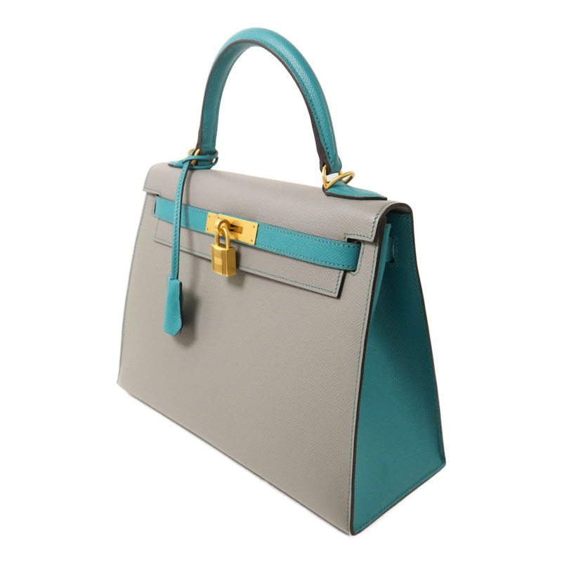 HERMES Epsom皮革Kelly 28金扣手挽肩背兩用袋Gris Mouette/Bleu Paon-2