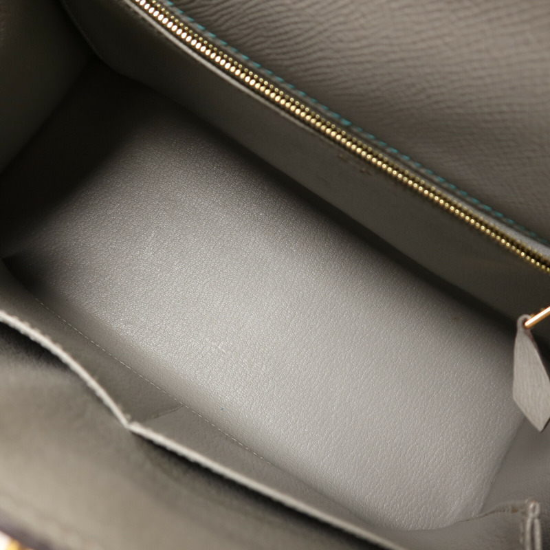 HERMES Epsom皮革Kelly 28金扣手挽肩背兩用袋Gris Mouette/Bleu Paon-4