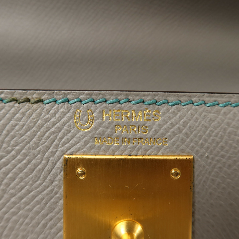 HERMES Epsom皮革Kelly 28金扣手挽肩背兩用袋Gris Mouette/Bleu Paon-5