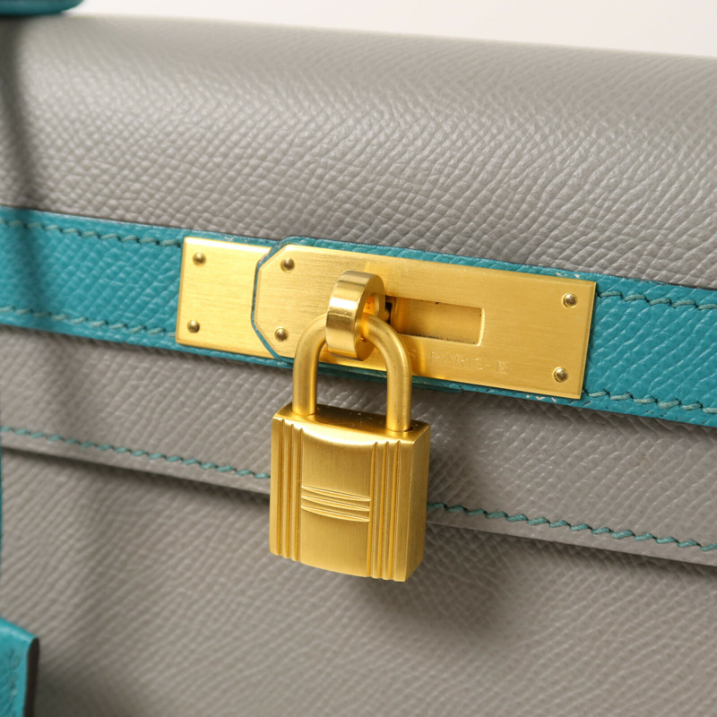 HERMES Epsom皮革Kelly 28金扣手挽肩背兩用袋Gris Mouette/Bleu Paon-9