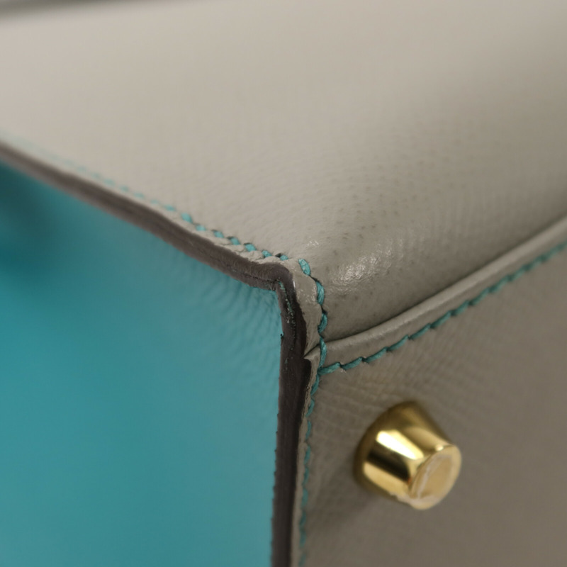 HERMES Epsom皮革Kelly 28金扣手挽肩背兩用袋Gris Mouette/Bleu Paon-10